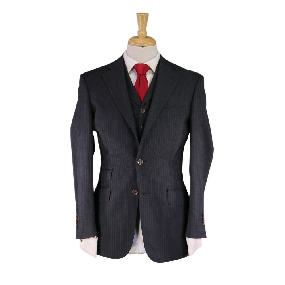 Paul Stuart Charcoal Gray w/ Blue Stripes 3-PIece Loro Piana 120's Wool Suit 36S